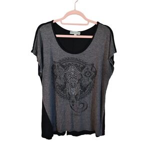 Vintage Suzie Elephant Graphic Rhinestone‎ Tunic Top Gray Black XL